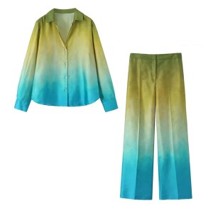 zach women's tie dyed silk satin texture draping shirt loose wide leg pants casual set Zach Women\'s Tie-Dyed Silk Satin Texture Draping Shirt Loose Wide Leg Pants Casual Set 1