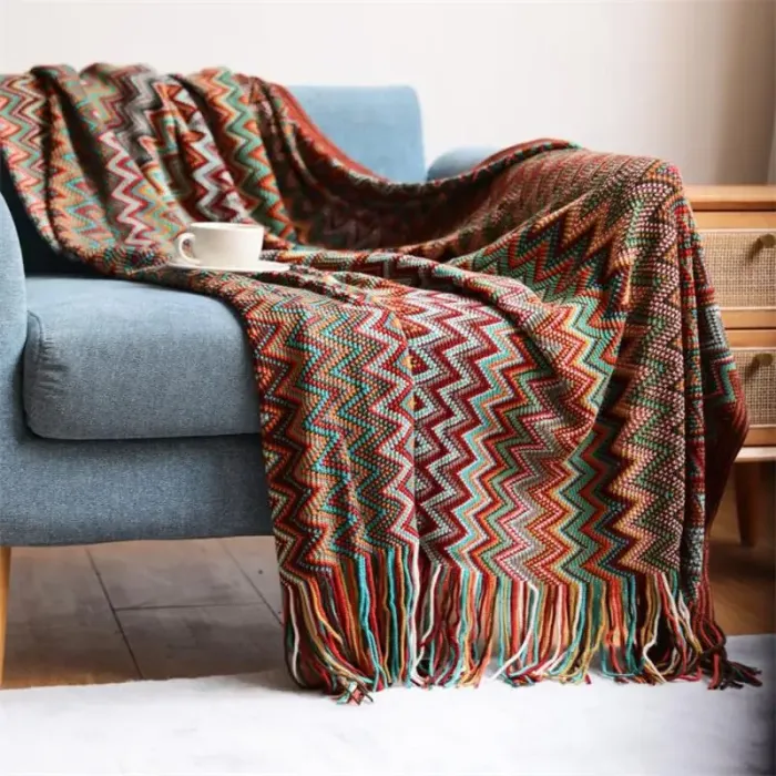 Bohemian Hand Knitted Blanket Zig Zag with Tassel 3