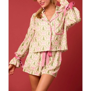 Women's Christmas Pyjama Set Santa/Tree Button-up Long Sleeve Top + Shorts 2-Piece Set 3