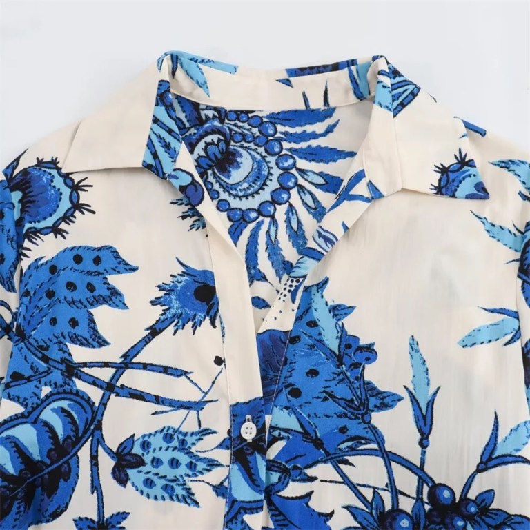 women's flip collar, buckle tie belt, blue floral shirt dress Women's Flip Collar, Buckle Tie Belt, Blue Floral Shirt Dress 3