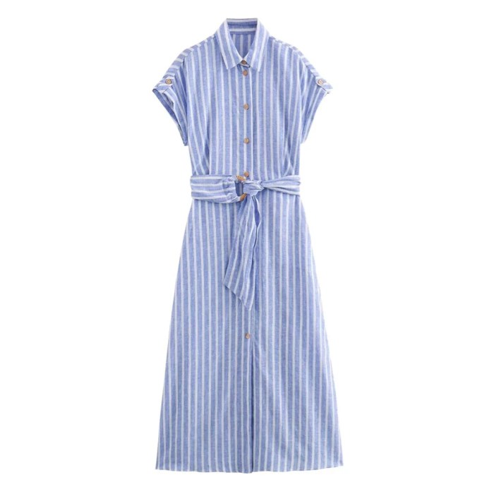 summer women's french light linen blend striped shirt dress Summer Women's French light linen blend striped shirt dress