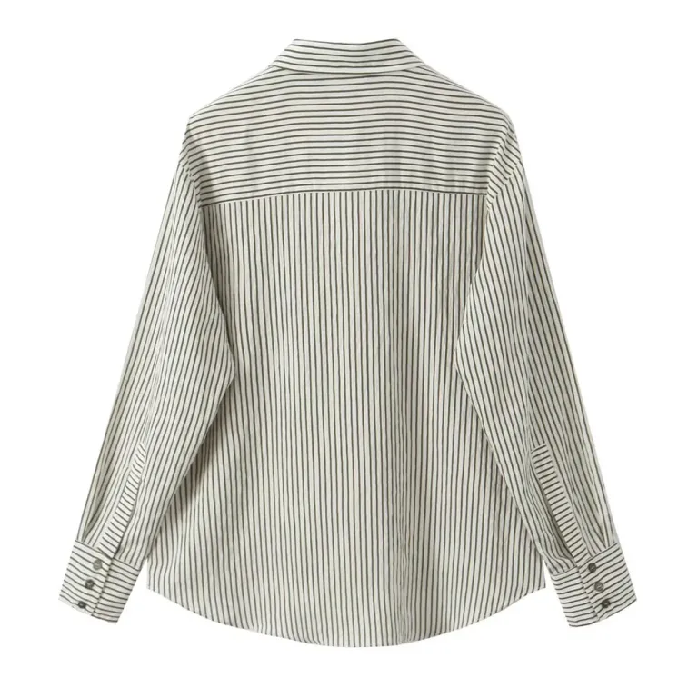 zach women's striped vertical single breasted long sleeve flip collar shirt Zach Women's Striped Vertical Single-Breasted Long Sleeve Flip Collar Shirt 2