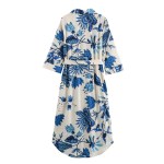 women's flip collar, buckle tie belt, blue floral shirt dress Women's Flip Collar, Buckle Tie Belt, Blue Floral Shirt Dress 2