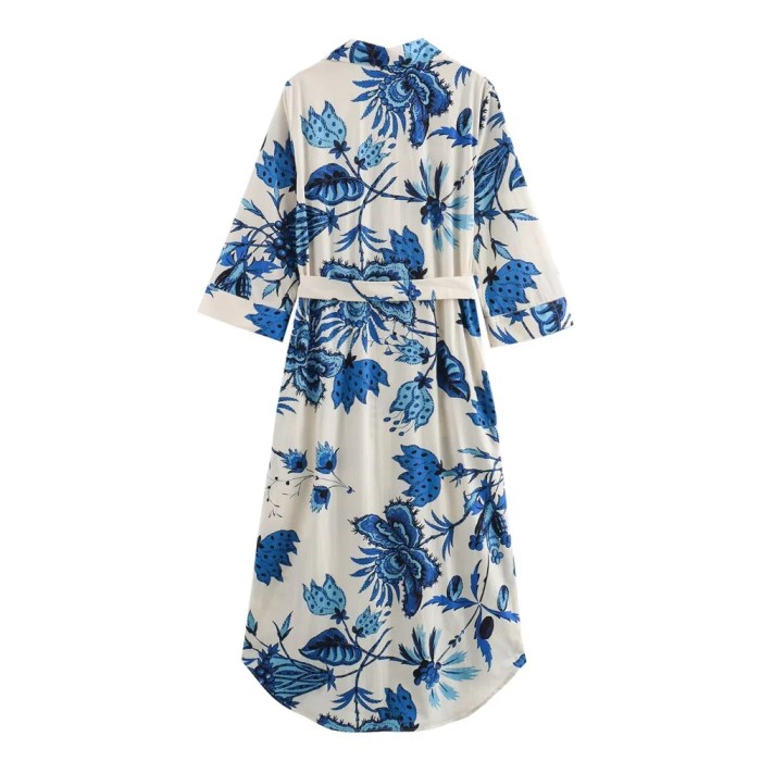 women's flip collar, buckle tie belt, blue floral shirt dress Women's Flip Collar, Buckle Tie Belt, Blue Floral Shirt Dress 2