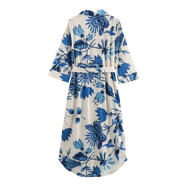 women's flip collar, buckle tie belt, blue floral shirt dress Women's Flip Collar, Buckle Tie Belt, Blue Floral Shirt Dress 2