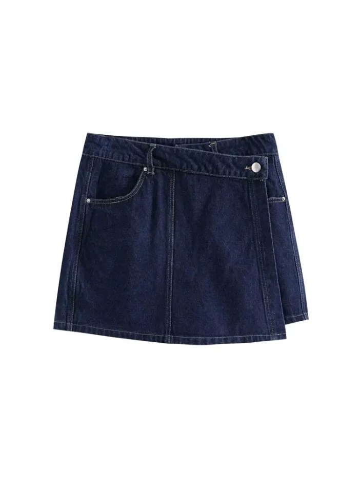 traf 2024 women's fashion flip pocket decoration short flip collar slim fit denim top + asymmetric denim skirt 2 piece set TRAF 2024 Women's Fashion Flip Pocket Decoration Short Flip Collar Slim fit denim Top + Asymmetric Denim Skirt 2 Piece Set 3