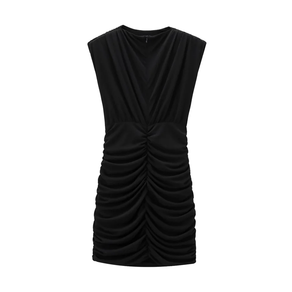 Zach Women's Slim Fit Solid Color Pleated Dress with Shoulder Pads 2