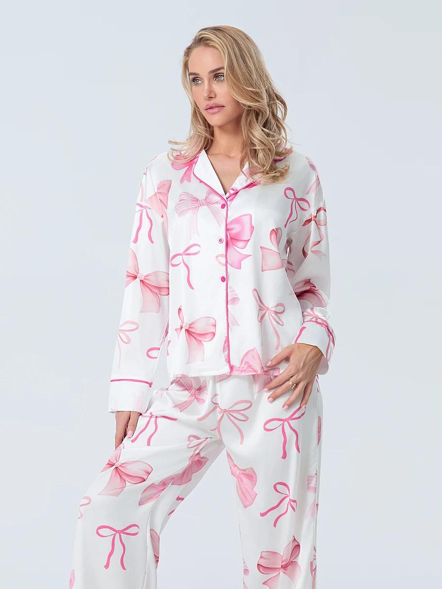 Women's 2 Piece Bow All-over Loungewear Pjs Set