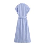 Summer Women's French light linen blend striped shirt dress 2