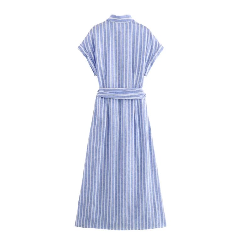 Summer Women's French light linen blend striped shirt dress 2