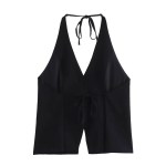Zach Women's V-Neck Sleeveless Top with Bow Decoration & Halter Collar 4
