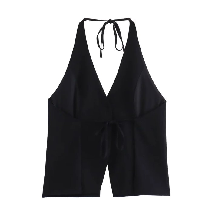 Zach Women's V-Neck Sleeveless Top with Bow Decoration & Halter Collar 4