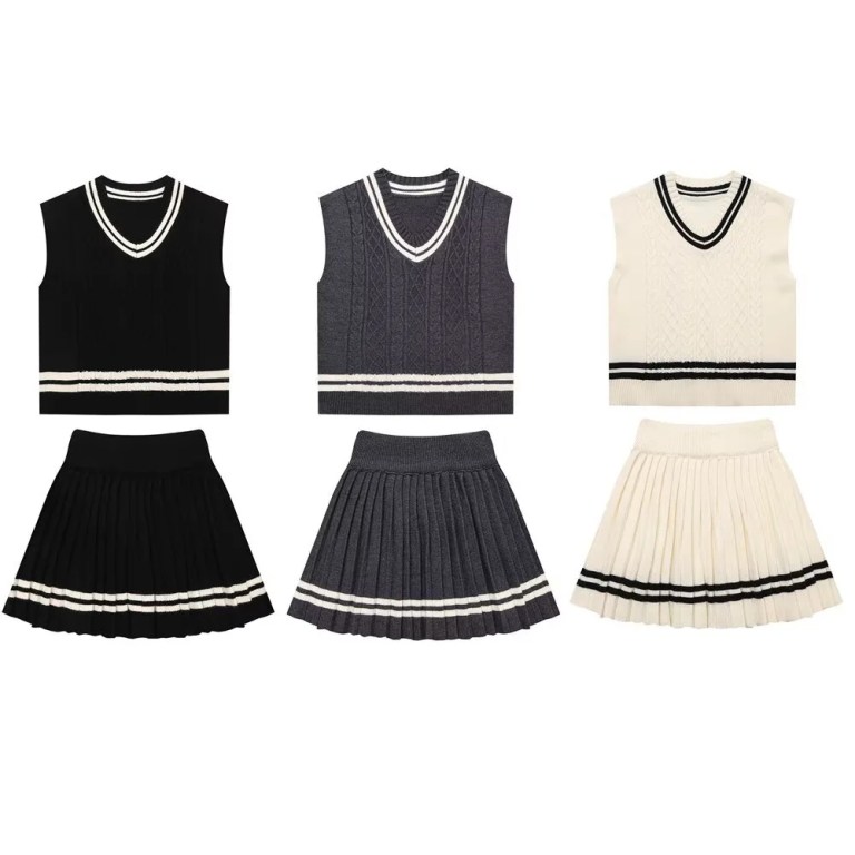 zach women's v neck contrast color knitted vest & high waist pleated skirt set Zach Women's V-Neck Contrast Color Knitted Vest & High-Waist Pleated Skirt Set 1