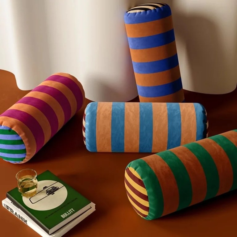 eclectic velvet long round retro stripe cushions Eclectic Velvet Long Round Retro Stripe Cushions 1