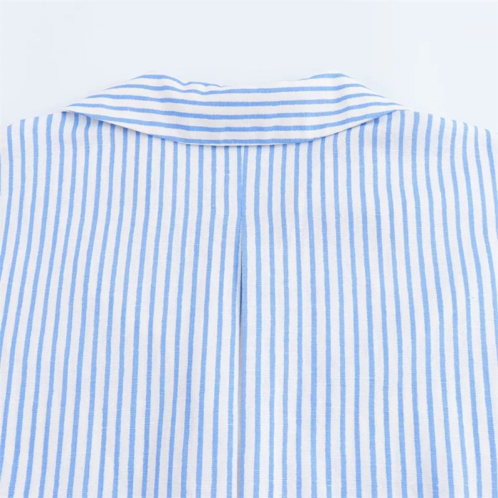 Zach Women's Casual Collar Striped Linen Blended Asymmetric Shirt with Wide Sleeves 6