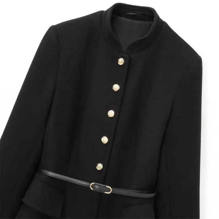 Zach Women\'s Long Sleeve Breasted Coat with Waistband & Stand-Up Collar 3