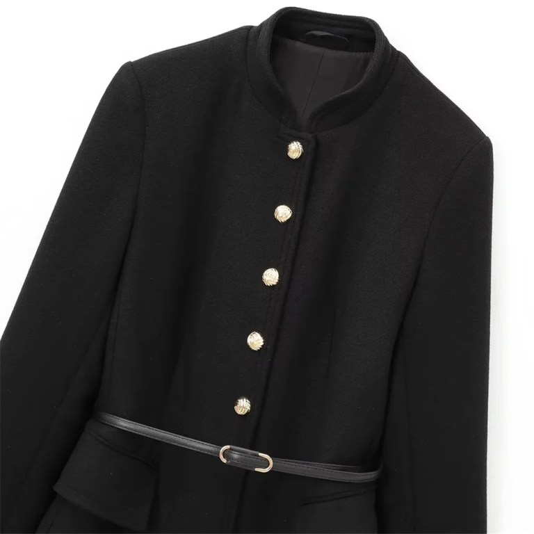 zach women's long sleeve breasted coat with waistband & stand up collar Zach Women\'s Long Sleeve Breasted Coat with Waistband & Stand-Up Collar 3