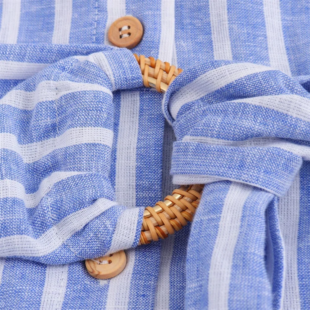 Summer Women's French light linen blend striped shirt dress 5