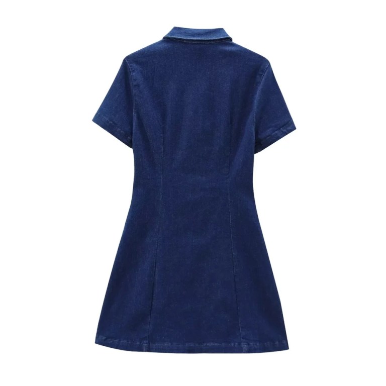 Zach Women's Slim Fit Lapel Short Sleeve Pleated A-Line Denim Mini Dress 2