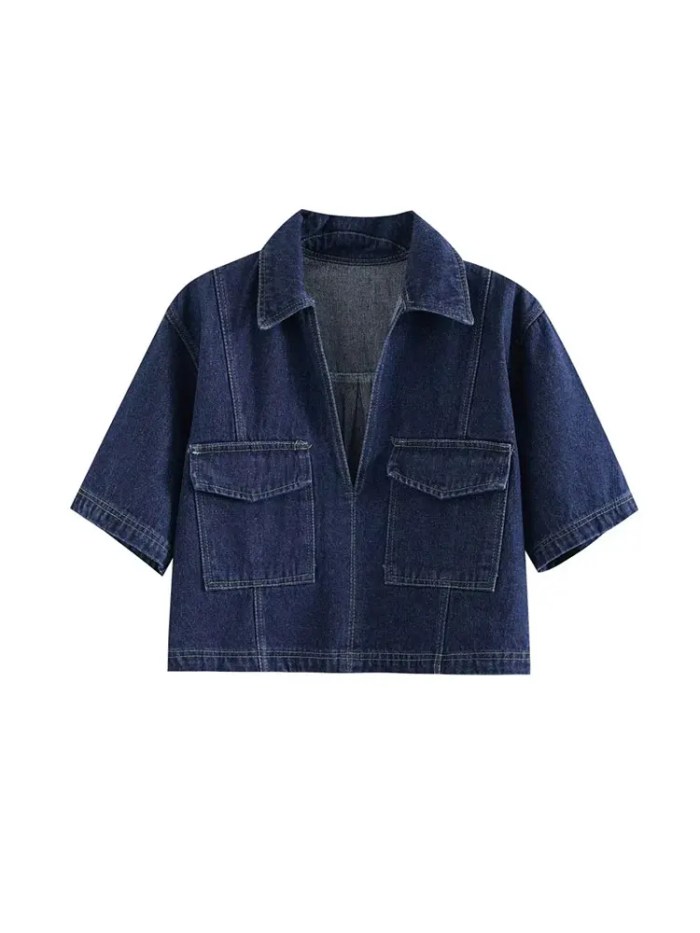 traf 2024 women's fashion flip pocket decoration short flip collar slim fit denim top + asymmetric denim skirt 2 piece set TRAF 2024 Women's Fashion Flip Pocket Decoration Short Flip Collar Slim fit denim Top + Asymmetric Denim Skirt 2 Piece Set 1