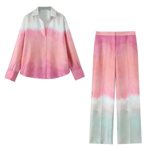 zach women's polo silk texture tie dye shirt & high waist wide leg pants set Zach Women\'s Polo Silk Texture Tie-Dye Shirt & High-Waist Wide-Leg Pants Set 1