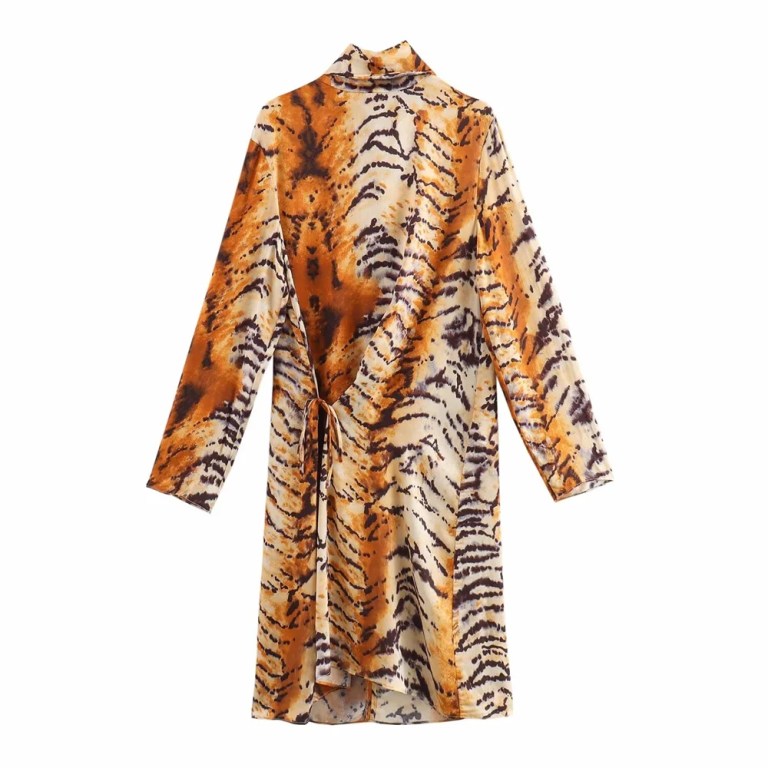 Zach Women's Simple Long Sleeve Lace-up Animal Leopard Print Slimming Dress 2