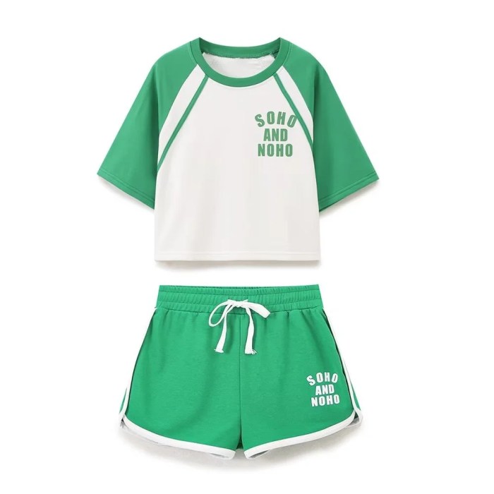 zach women's soho noho round neck short sleeve contrast letter t shirt & mid waist shorts set Zach Women's Soho Noho Round Neck Short Sleeve Contrast Letter T-Shirt & Mid-Waist Shorts Set