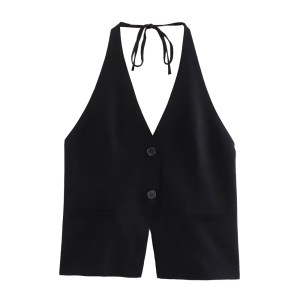Zach Women's V-Neck Sleeveless Top with Bow Decoration & Halter Collar 3
