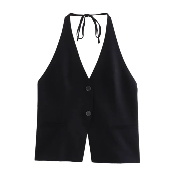 Zach Women's V-Neck Sleeveless Top with Bow Decoration & Halter Collar 3