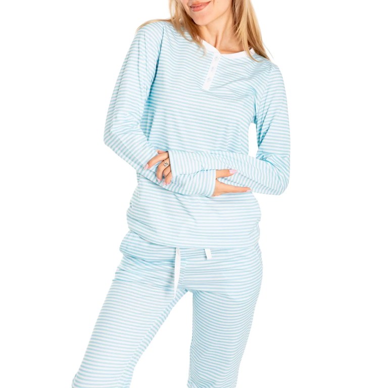 women's 2 piece striped pyjama sets long sleeve button round neck t shirt +drawstring waist pants Women's 2 Piece Striped Pyjama Sets Long Sleeve Button Round Neck T-shirt +Drawstring Waist Pants 2