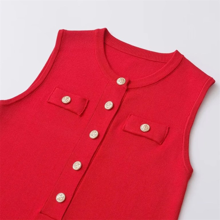 Zach Women\'s Round Neck Sleeveless Button Decoration Plain Knitted Short Skirt Mini Dress 3