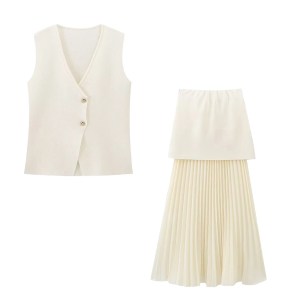 Zach Women\'s Single-Breasted Knitted Vest & High-Waist Spliced Mid-Length Skirt Set