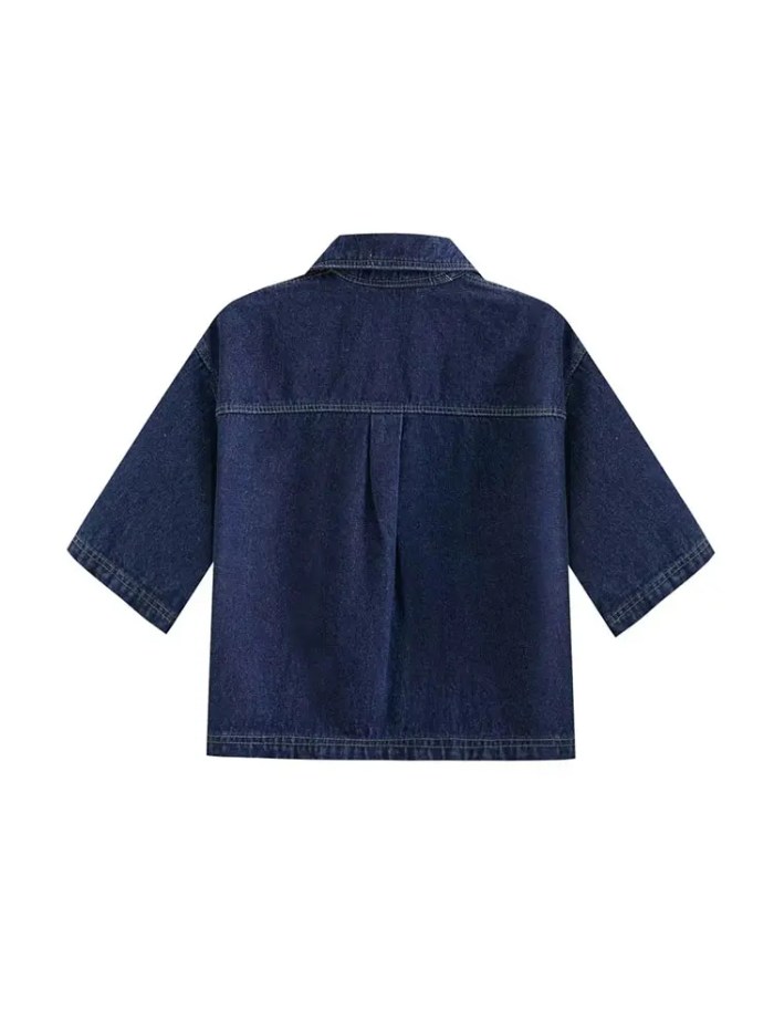 traf 2024 women's fashion flip pocket decoration short flip collar slim fit denim top + asymmetric denim skirt 2 piece set TRAF 2024 Women's Fashion Flip Pocket Decoration Short Flip Collar Slim fit denim Top + Asymmetric Denim Skirt 2 Piece Set 2