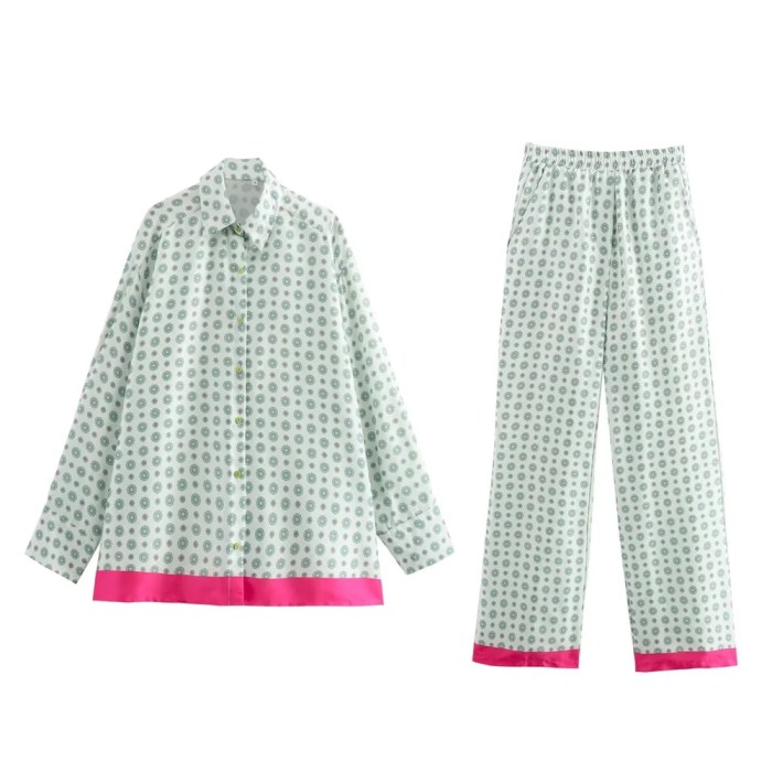Zach Women's Silk Texture Collar Shirt & Straight Pants Casual Set 1
