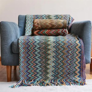 Bohemian Hand Knitted Blanket Zig Zag with Tassel