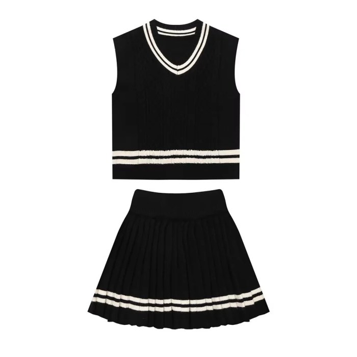 Zach Women's V-Neck Contrast Color Knitted Vest & High-Waist Pleated Skirt Set