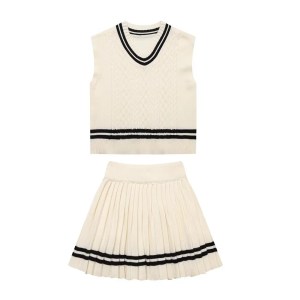 zach women's v neck contrast color knitted vest & high waist pleated skirt set Zach Women's V-Neck Contrast Color Knitted Vest & High-Waist Pleated Skirt Set 3