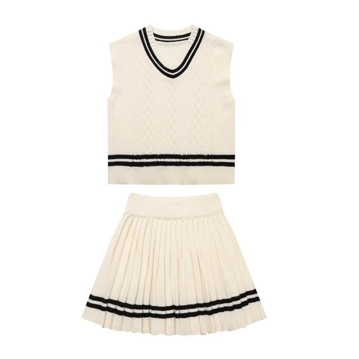 Zach Women's V-Neck Contrast Color Knitted Vest & High-Waist Pleated Skirt Set 3