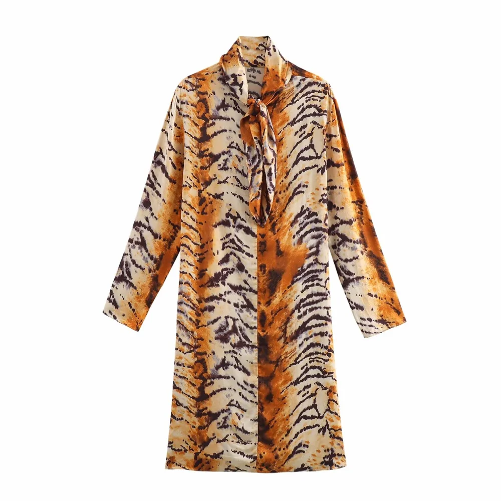 Zach Women's Simple Long Sleeve Lace-up Animal Leopard Print Slimming Dress