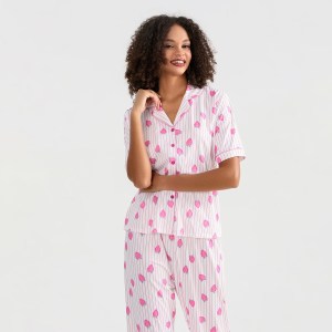 Women's 2 Piece Strawberry Striped Loungewear Pjs Set 5