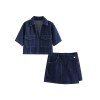traf 2024 women's fashion flip pocket decoration short flip collar slim fit denim top + asymmetric denim skirt 2 piece set TRAF 2024 Women's Fashion Flip Pocket Decoration Short Flip Collar Slim fit denim Top + Asymmetric Denim Skirt 2 Piece Set