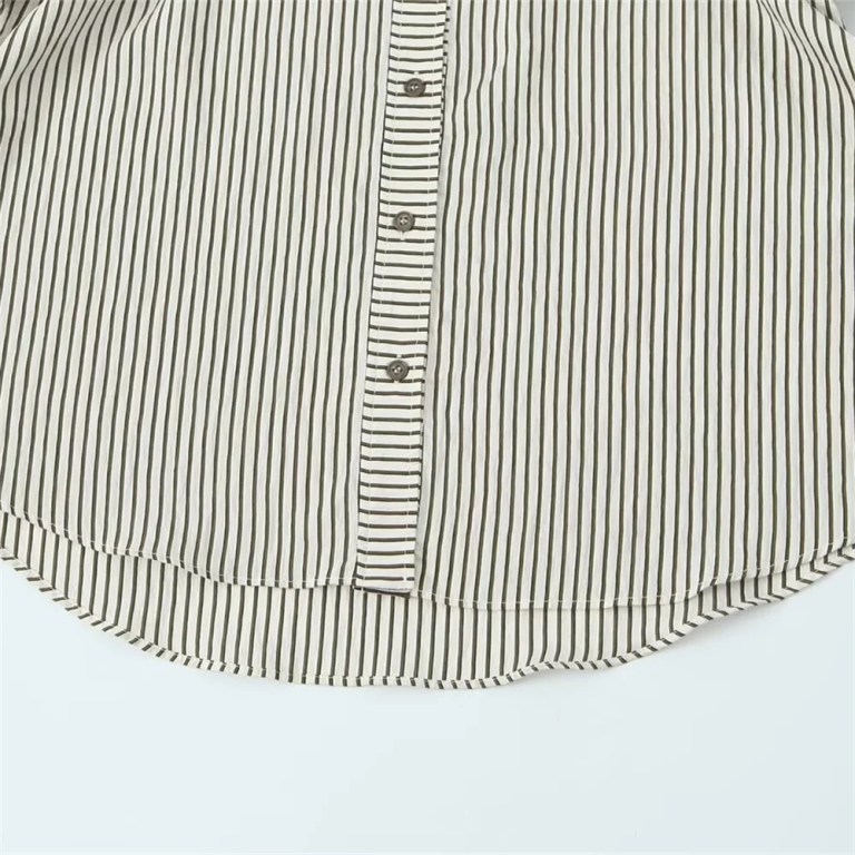 zach women's striped vertical single breasted long sleeve flip collar shirt Zach Women's Striped Vertical Single-Breasted Long Sleeve Flip Collar Shirt 4
