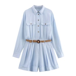 Zach Women's Retro Flip Collar Long Sleeve Jumpsuit with Belt Buckle