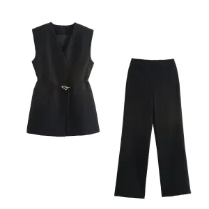 Zach Women's Split Design Tank Top & Waist-Belted Flared Pants Set 3