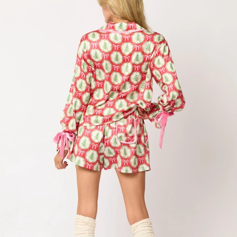 Women's Christmas Pyjama Set Santa/Tree Button-up Long Sleeve Top + Shorts 2-Piece Set 6