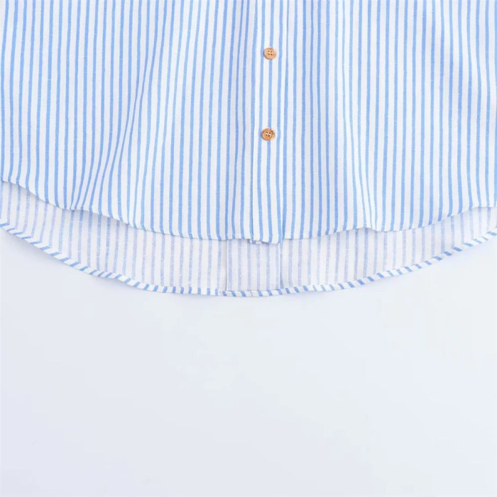 Zach Women's Casual Collar Striped Linen Blended Asymmetric Shirt with Wide Sleeves 5