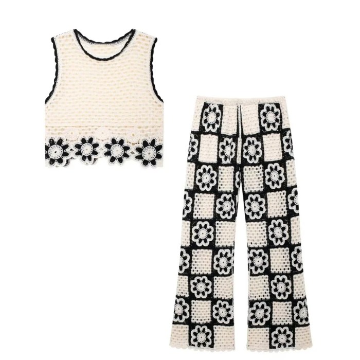 zach women's round neck sleeveless hook flower knitted tank top with high waist straight pants fashion set Zach Women's Round Neck Sleeveless Hook Flower Knitted Tank Top with High Waist Straight Pants Fashion Set 1