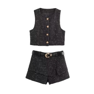 Zach Women\'s Round Neck Coarse Felt Tank Top with Belt & Pants Set