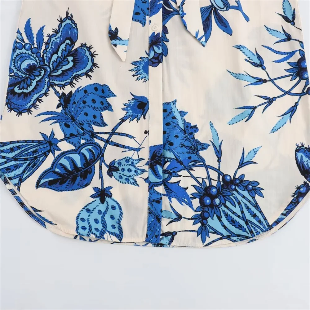 Women's Flip Collar, Buckle Tie Belt, Blue Floral Shirt Dress 4