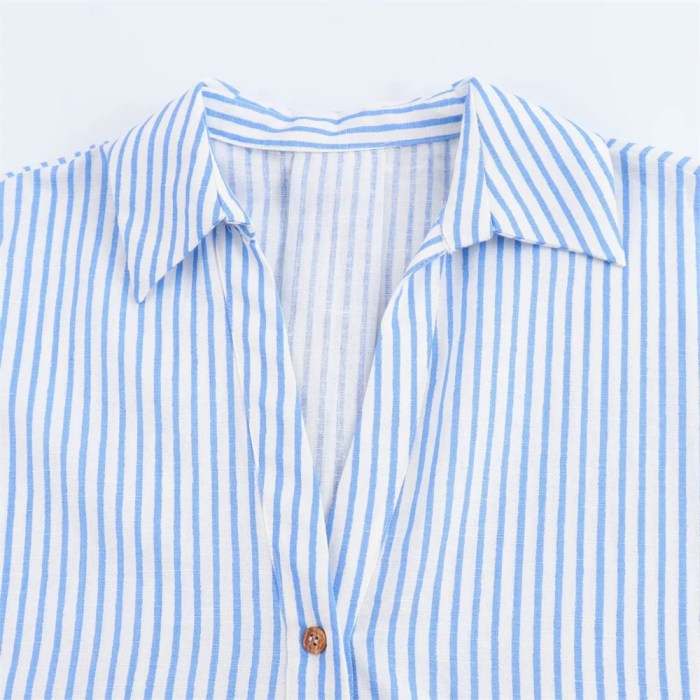 Zach Women's Casual Collar Striped Linen Blended Asymmetric Shirt with Wide Sleeves 3